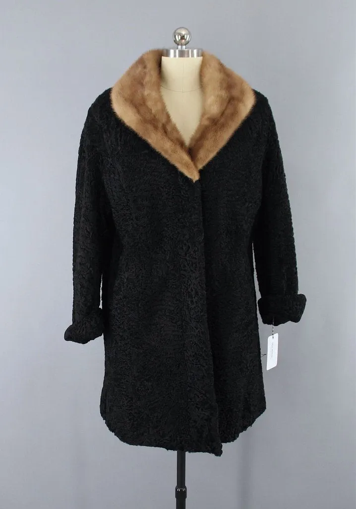 1950s Vintage Curly Lamb Fur Coat with Mink Collar