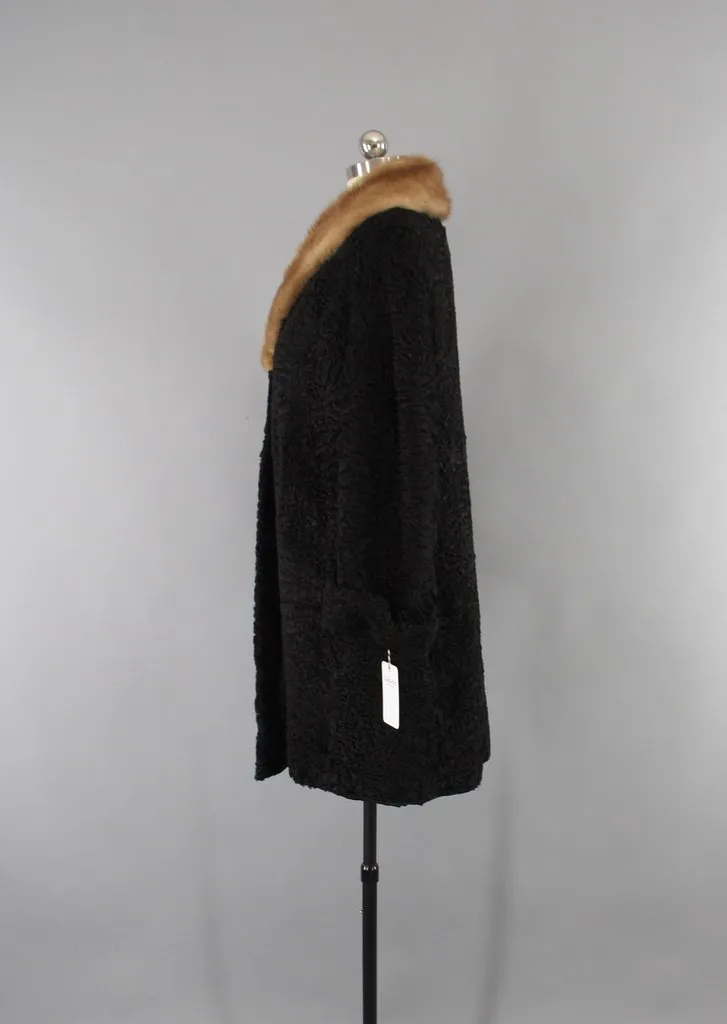 1950s Vintage Curly Lamb Fur Coat with Mink Collar