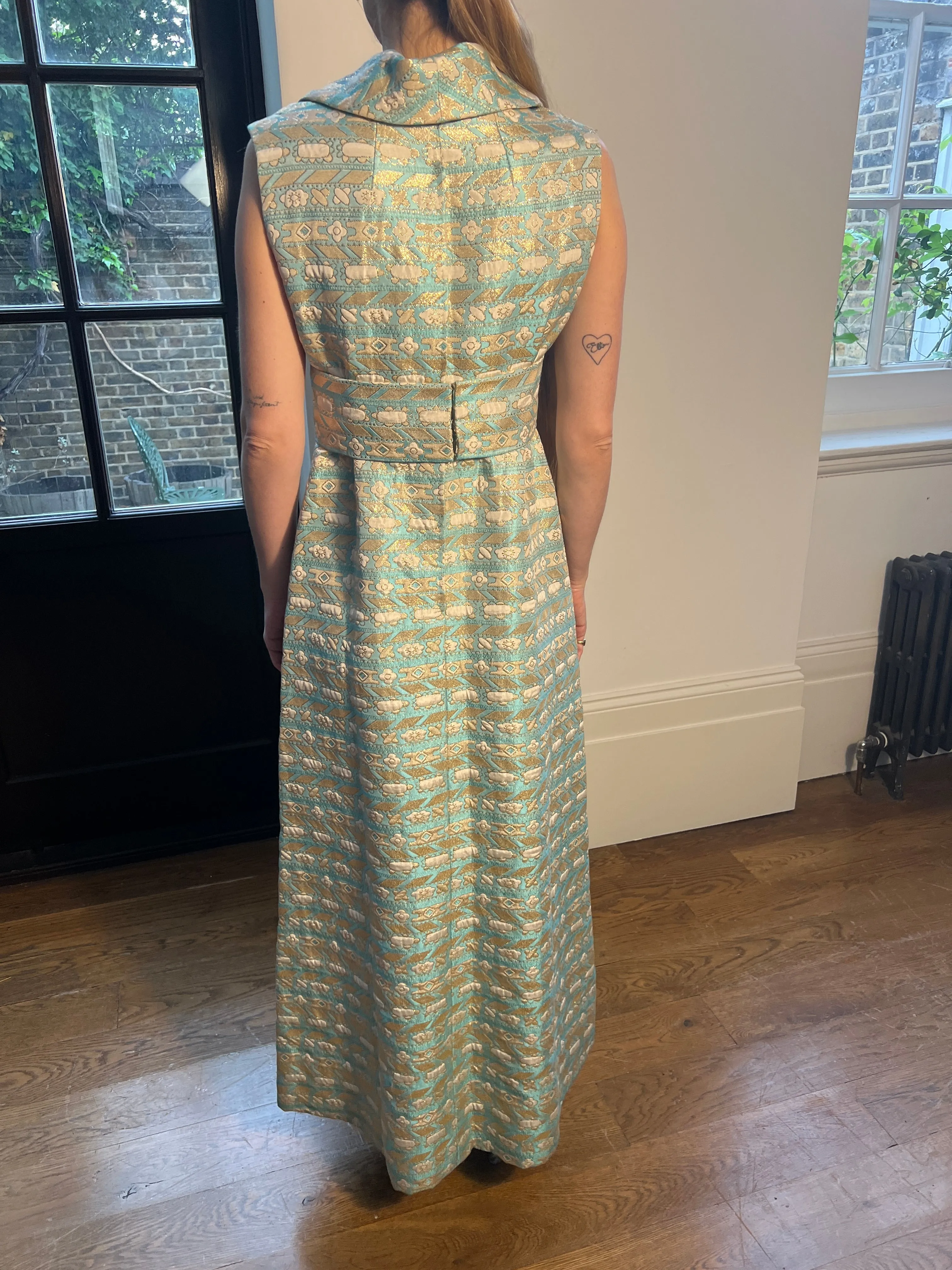 1960s Couture Turquoise and Gold Floral Lamé Maxi Dress