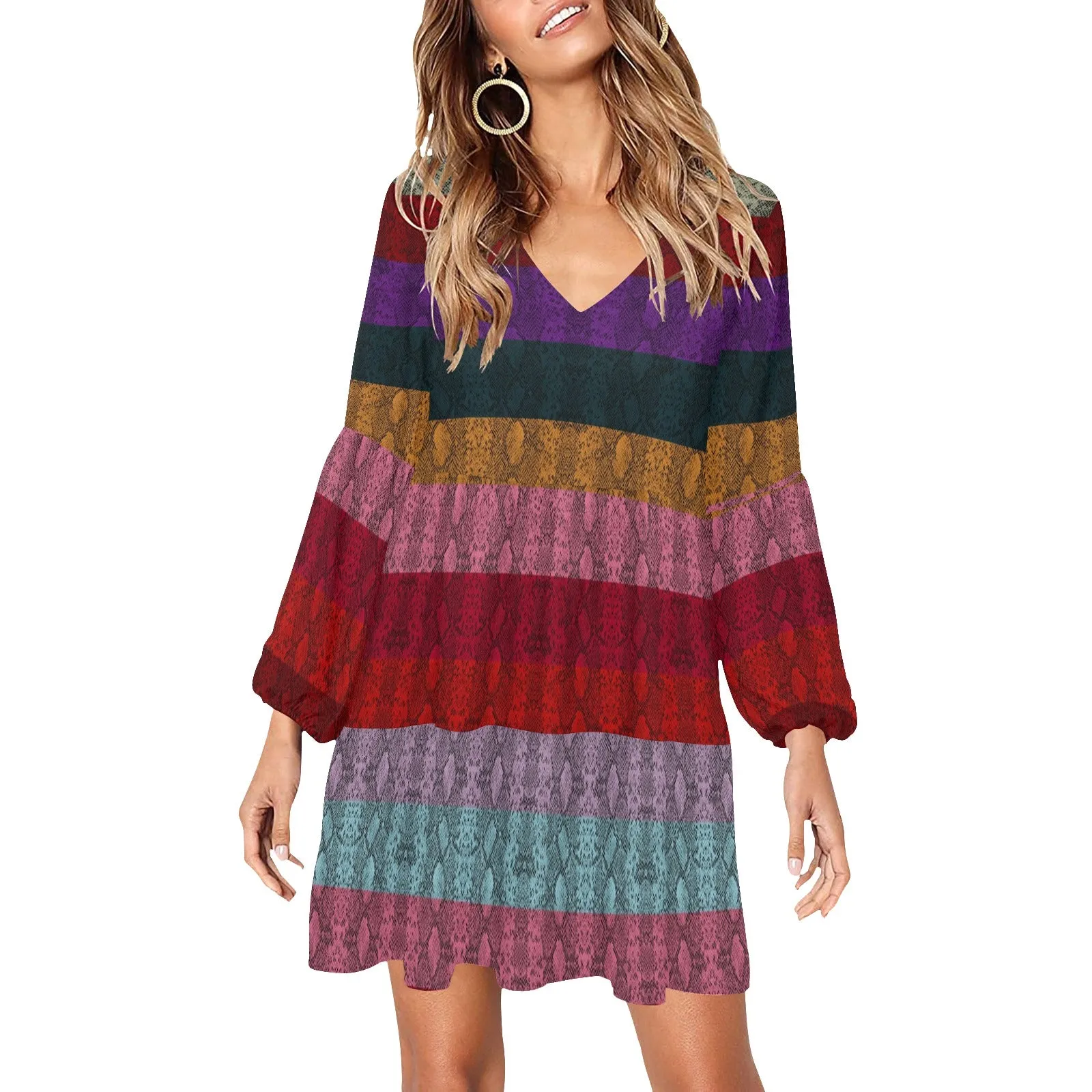 2 multicolored snakeskin2 V-Neck Loose Fit Dress (Model D62)