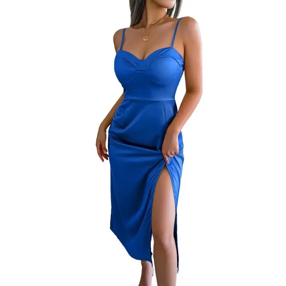 2024 Satin Pure Color Sleeveless Versatile Beach Streetwear Long Midi Dress