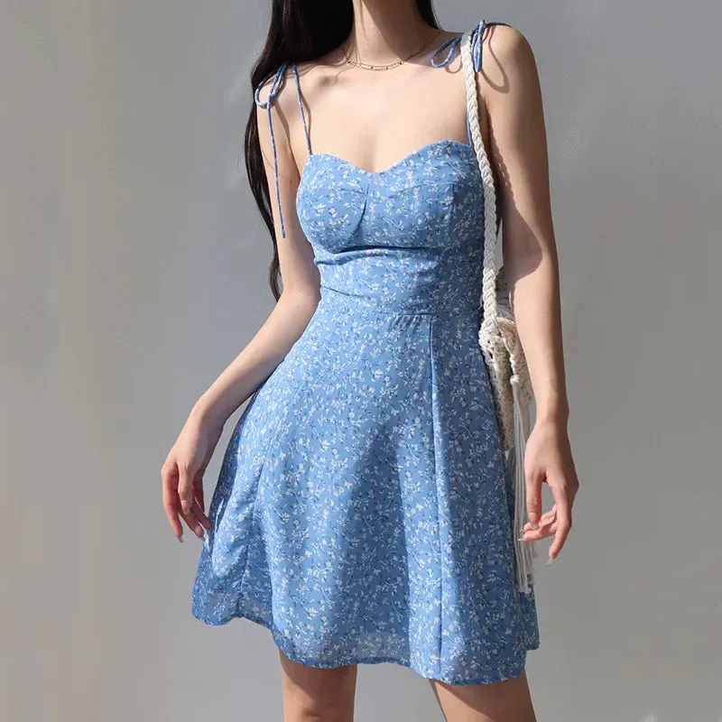 A-line Retro Lace-up Suspender Floral Slim Vacation Casual Fit Women Style Dress Skirt Dress