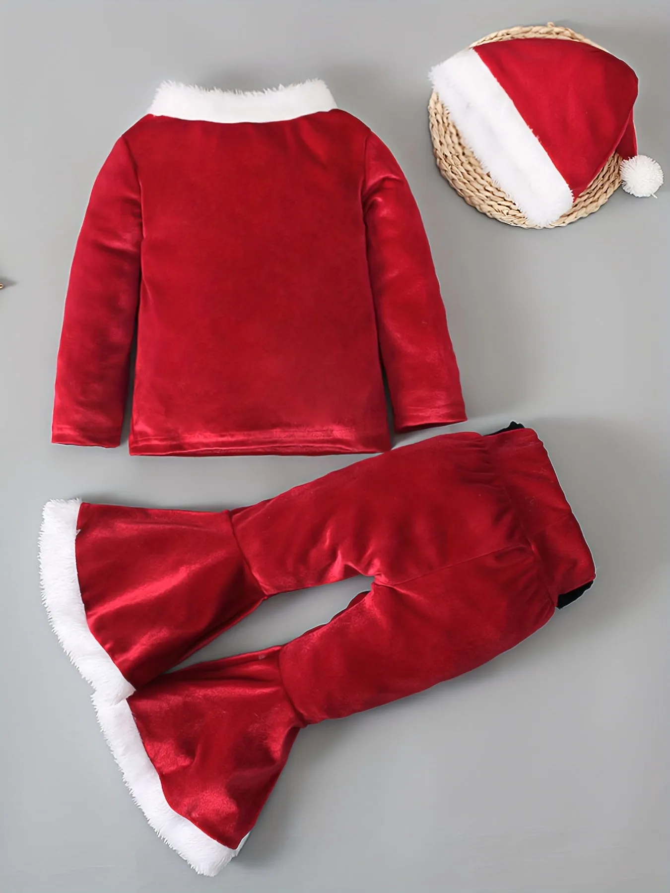 Adorable Little Girl's Festive Red Velvet Holiday Outfit - Long Sleeve Top with Flared Pants, Santa Hat, and Sparkly Details - Perfect for Christmas Parties, Family Photos, and Winter Celebrations