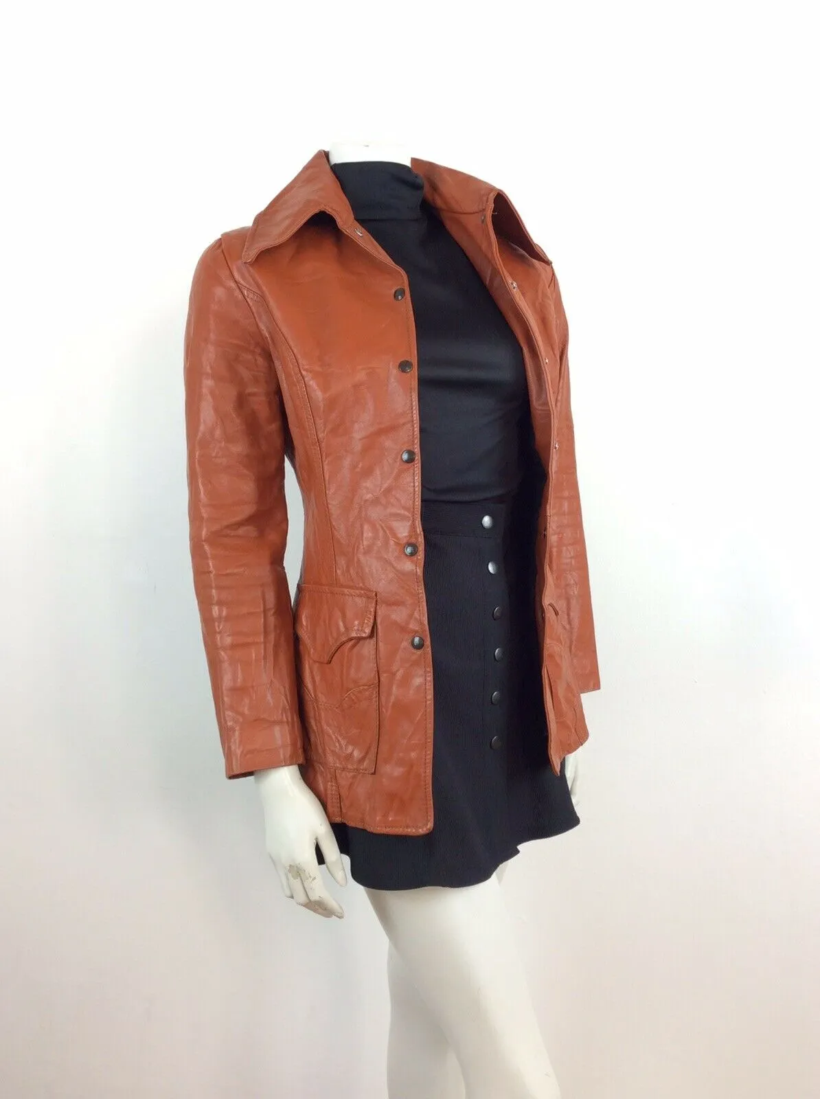 AMAZING VINTAGE 70s DEEP TAN BURNT ORANGE BROWN FITTED LEATHER JACKET 6 8 10