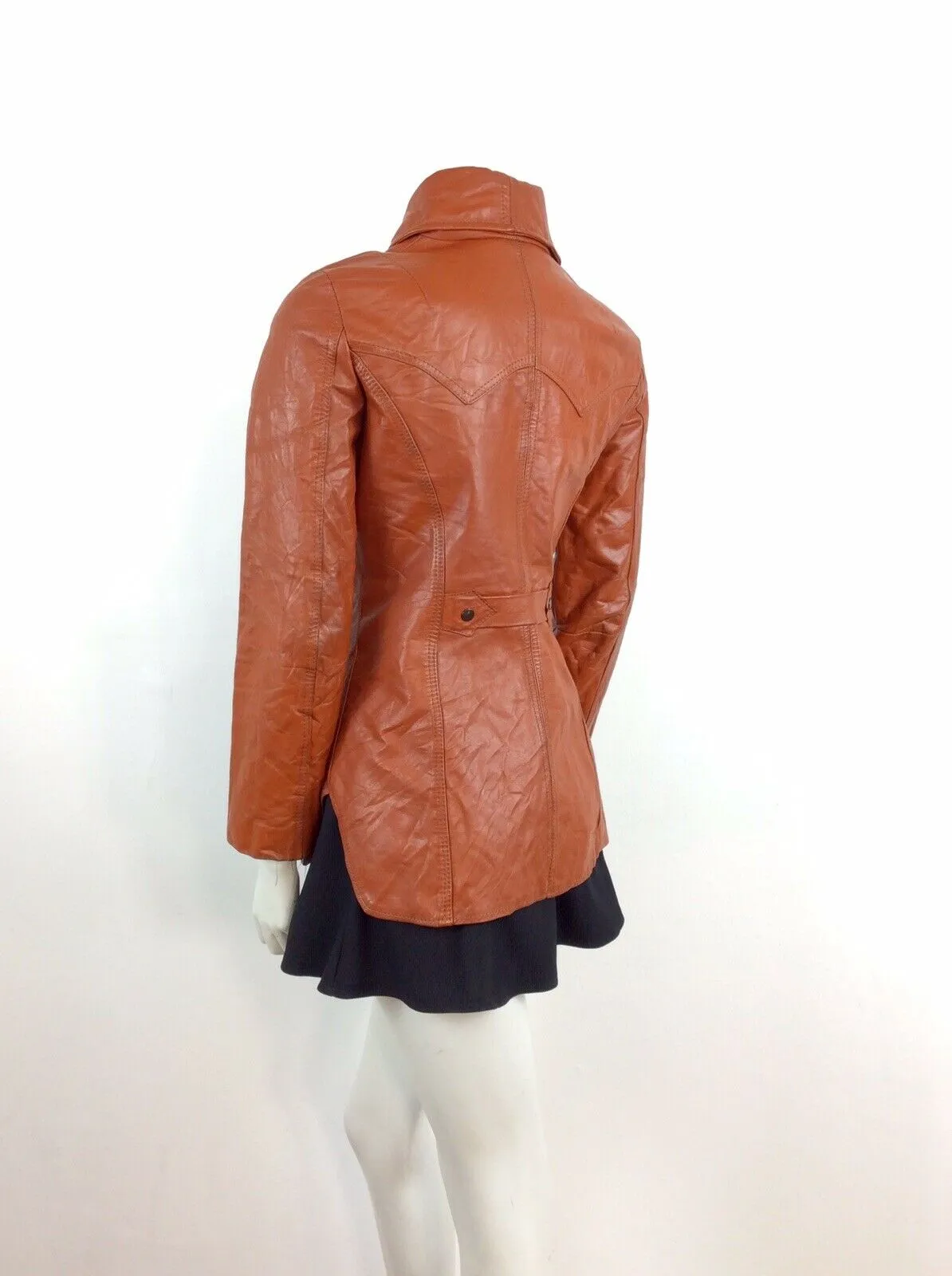 AMAZING VINTAGE 70s DEEP TAN BURNT ORANGE BROWN FITTED LEATHER JACKET 6 8 10