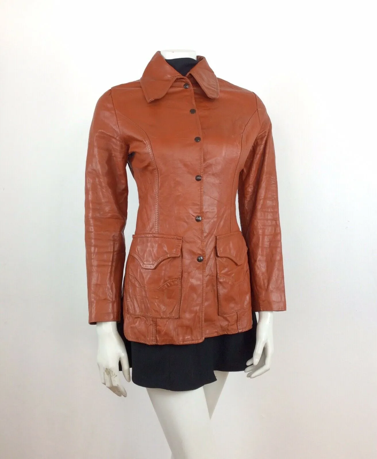 AMAZING VINTAGE 70s DEEP TAN BURNT ORANGE BROWN FITTED LEATHER JACKET 6 8 10