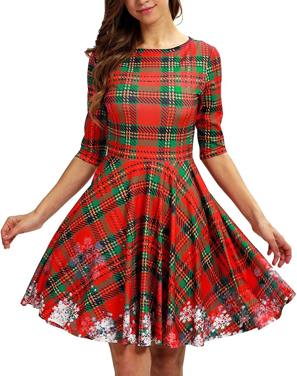 Amy Fashion - Christmas 3D Print Short Sleeve Unique Casual Flared Midi Dress