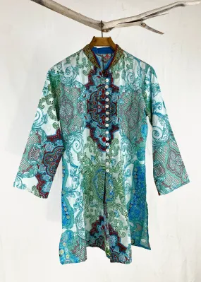 Aqua Button Up Cotton Printed Tunic