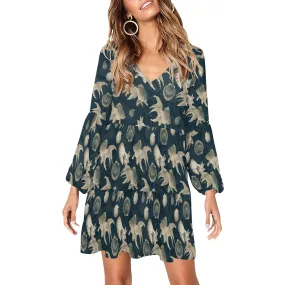 aquatic world sepia split print V-Neck Loose Fit Dress (Model D62)