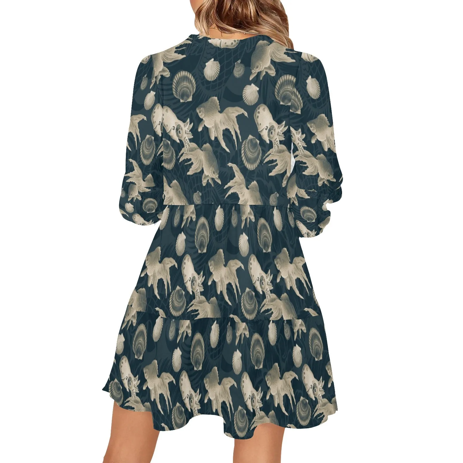 aquatic world sepia split print V-Neck Loose Fit Dress (Model D62)