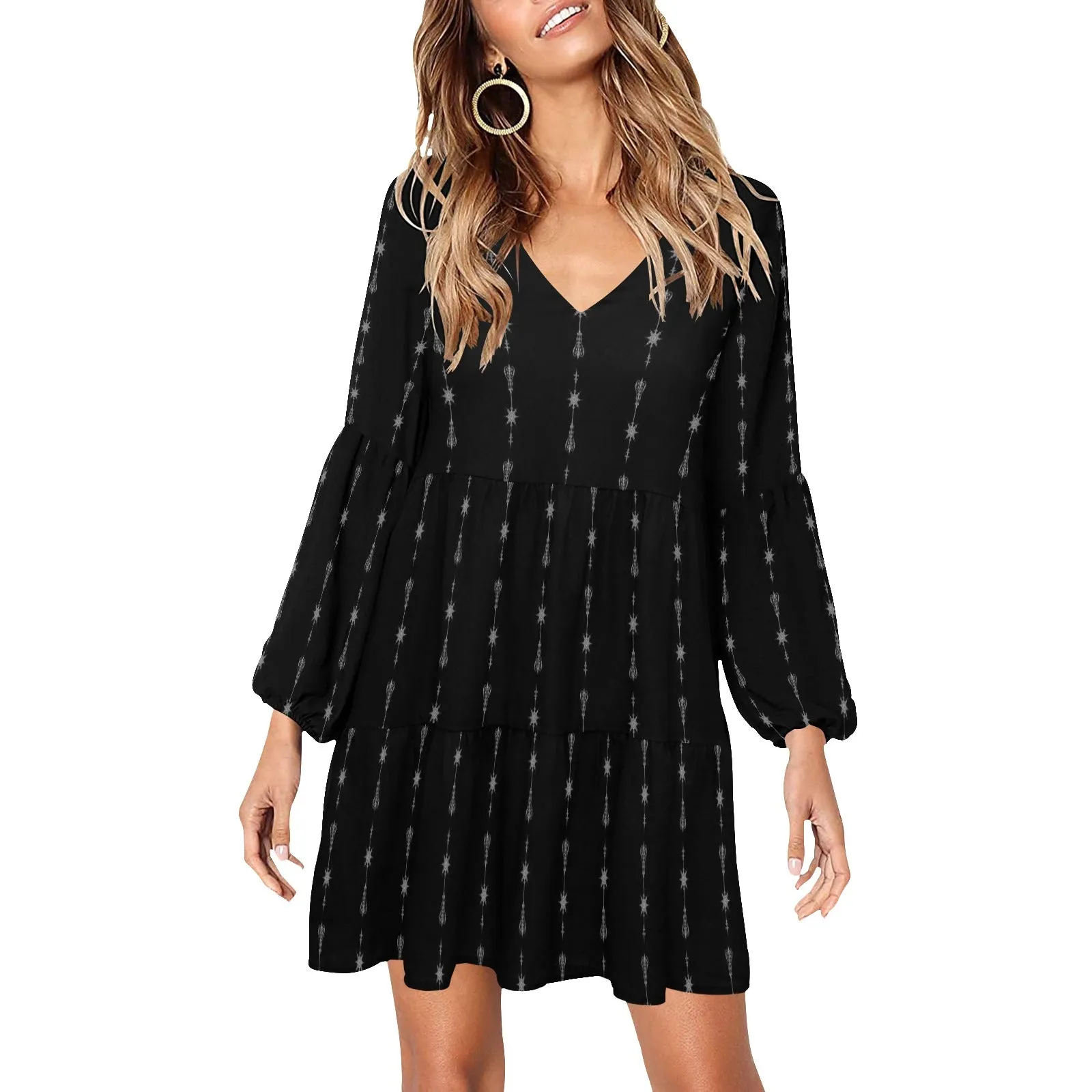 arrows rising bw print 2 V-Neck Loose Fit Dress (Model D62)