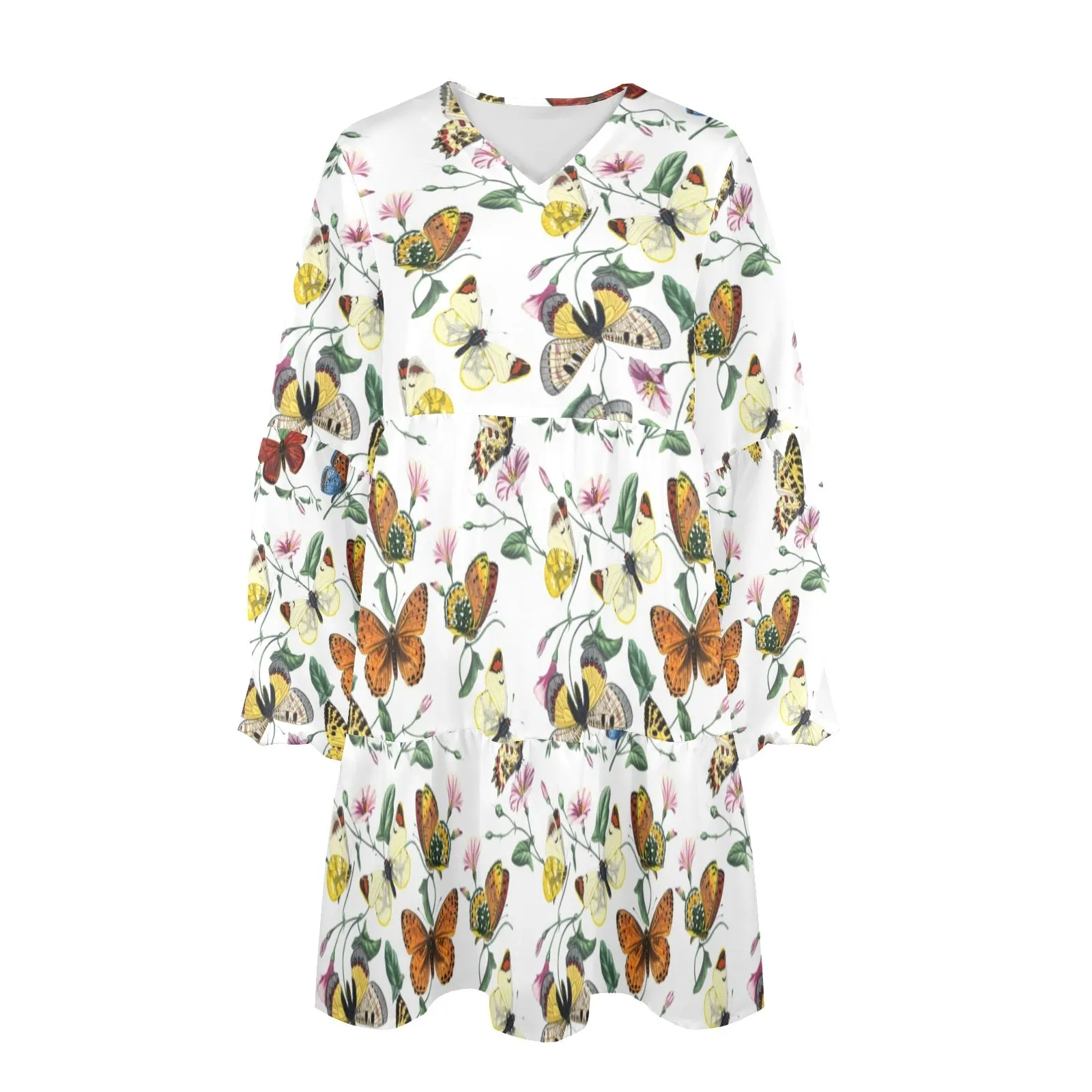 artsadd butterfly print V-Neck Loose Fit Dress (Model D66)