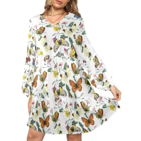 artsadd butterfly print V-Neck Loose Fit Dress (Model D66)