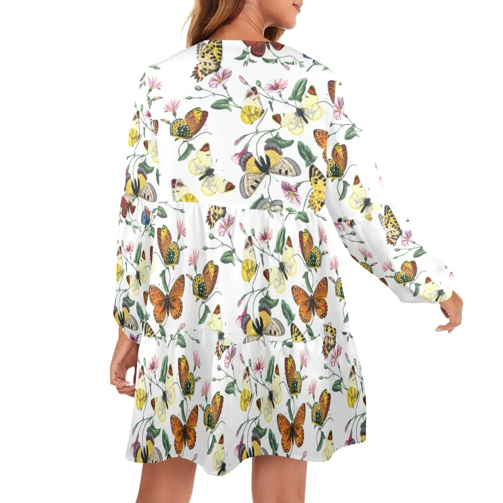 artsadd butterfly print V-Neck Loose Fit Dress (Model D66)