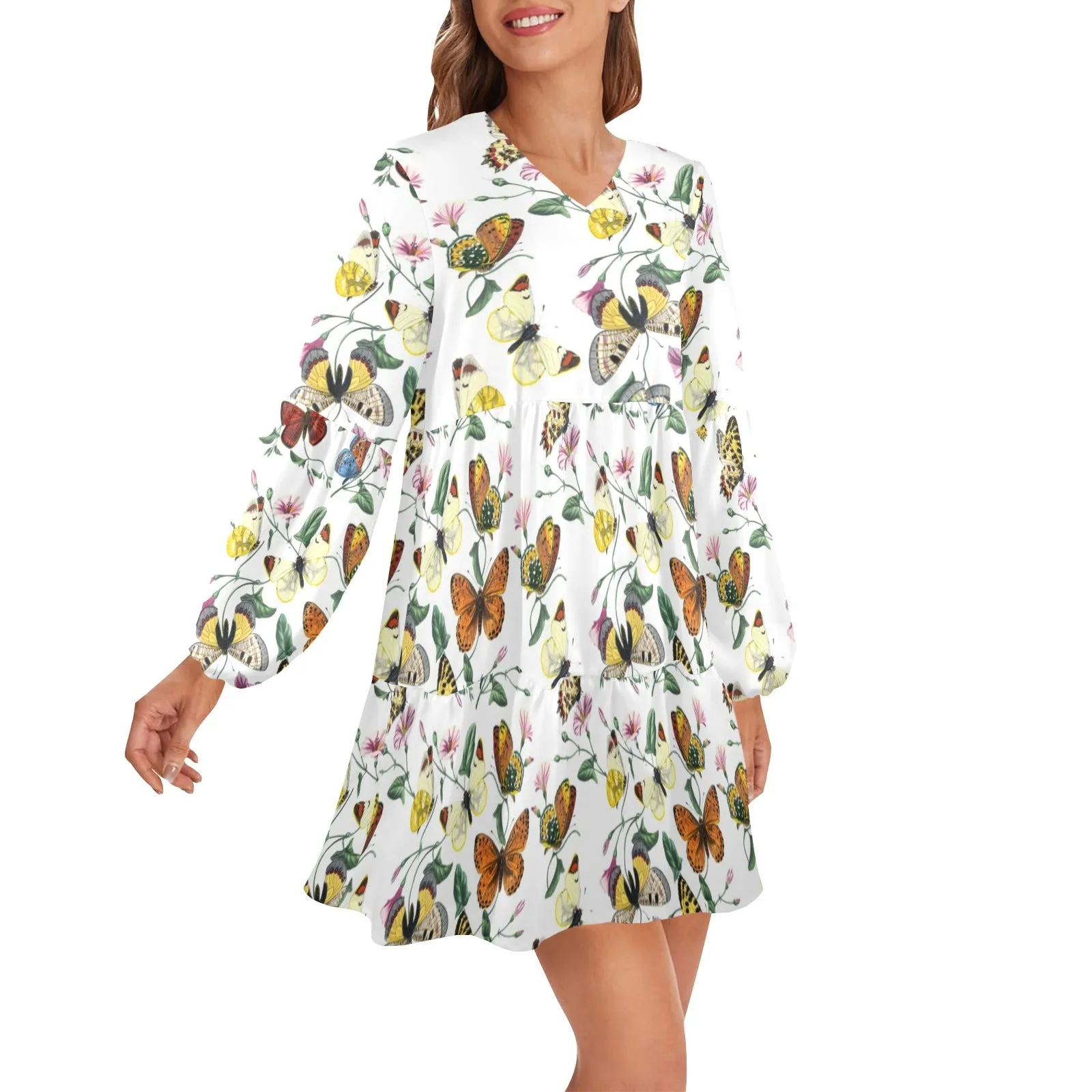 artsadd butterfly print V-Neck Loose Fit Dress (Model D66)