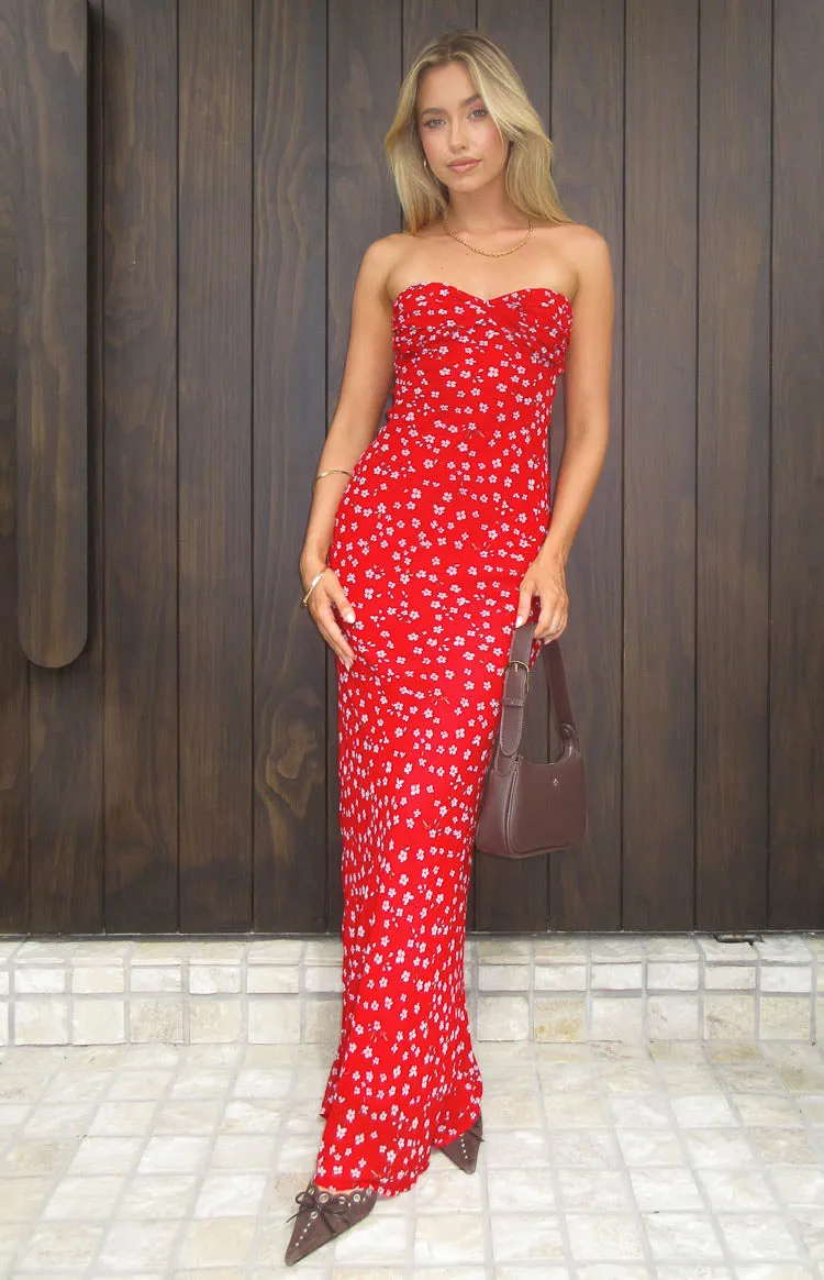 Ashley Red Floral Formal Maxi Dress