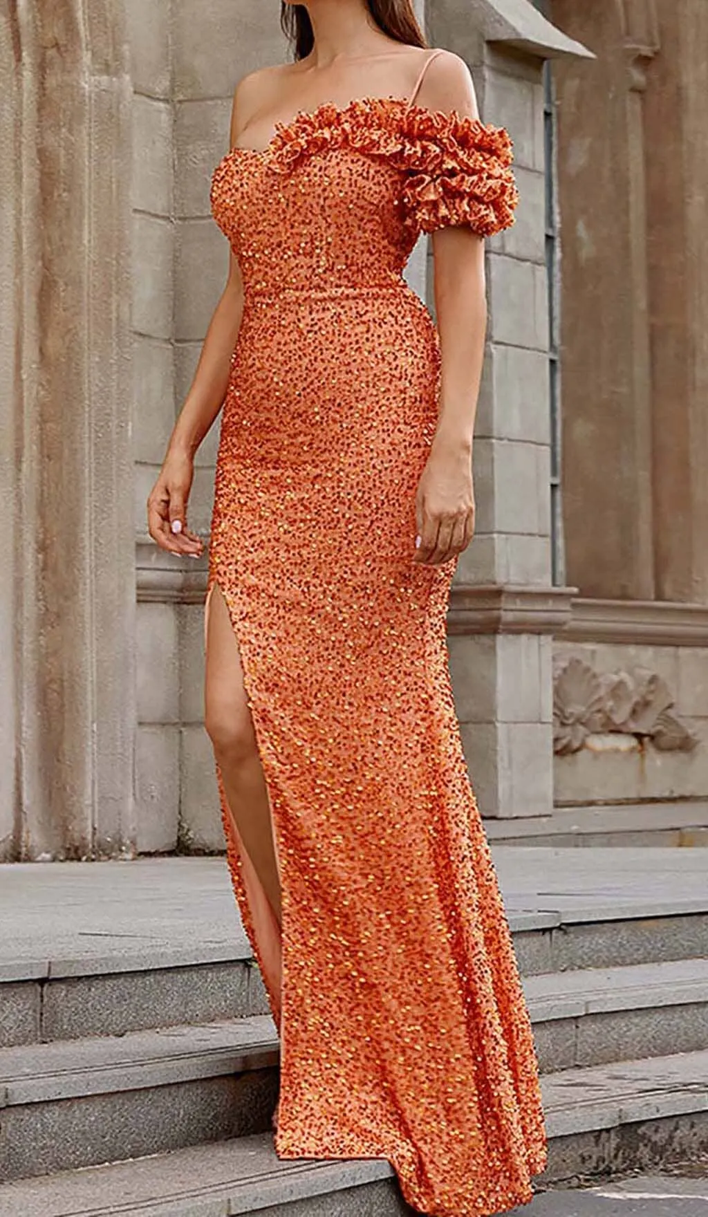 ASYMMETRIC SEQUIN MAXI DRESS IN ORANGE