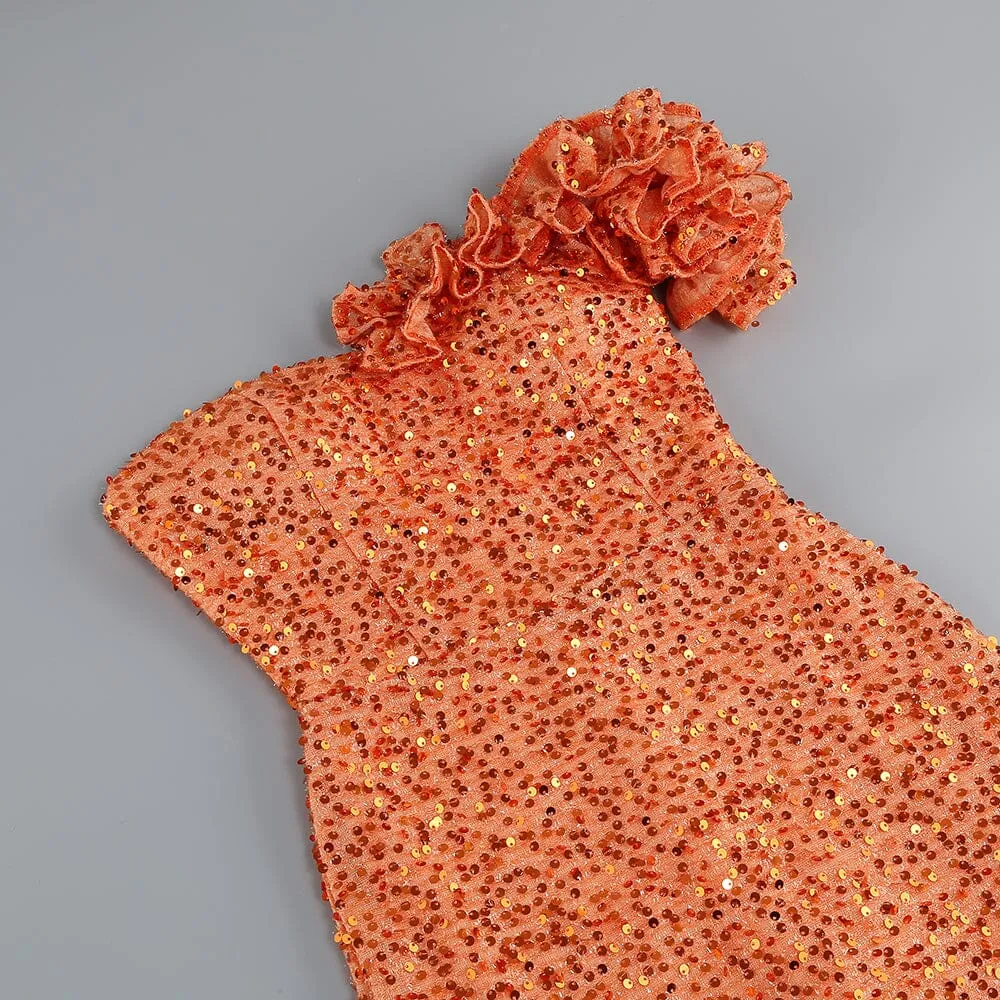 ASYMMETRIC SEQUIN MAXI DRESS IN ORANGE