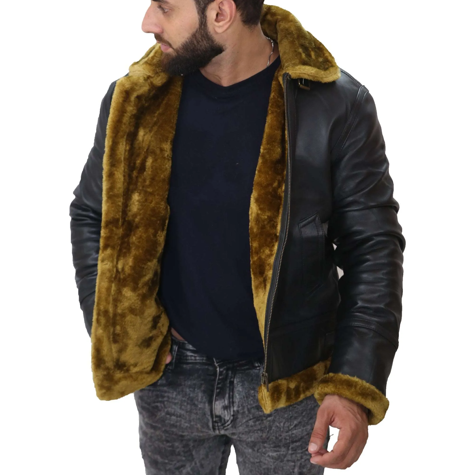 B3 Bomber Men's Real Shearling Black Winter Leather Jacket