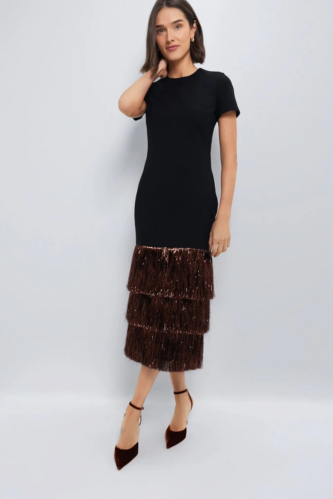 Black & Bronze Metallic Fringe Francie Short Sleeve Maxi Dress