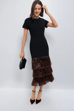 Black & Bronze Metallic Fringe Francie Short Sleeve Maxi Dress