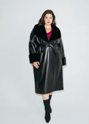 Black 'Leather' & Faux Fur Wrap Coat