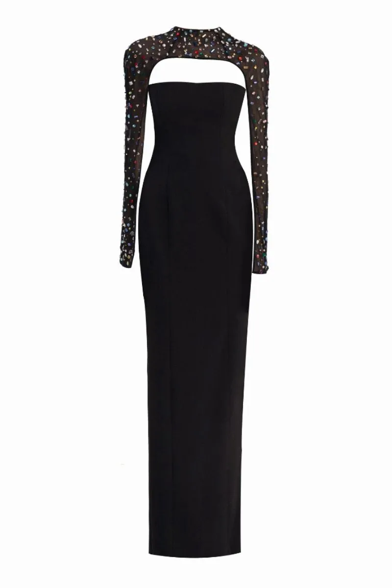 BLACK STRAIGHT MAXI DRESS WITH STONES EMBELLISHMENTS