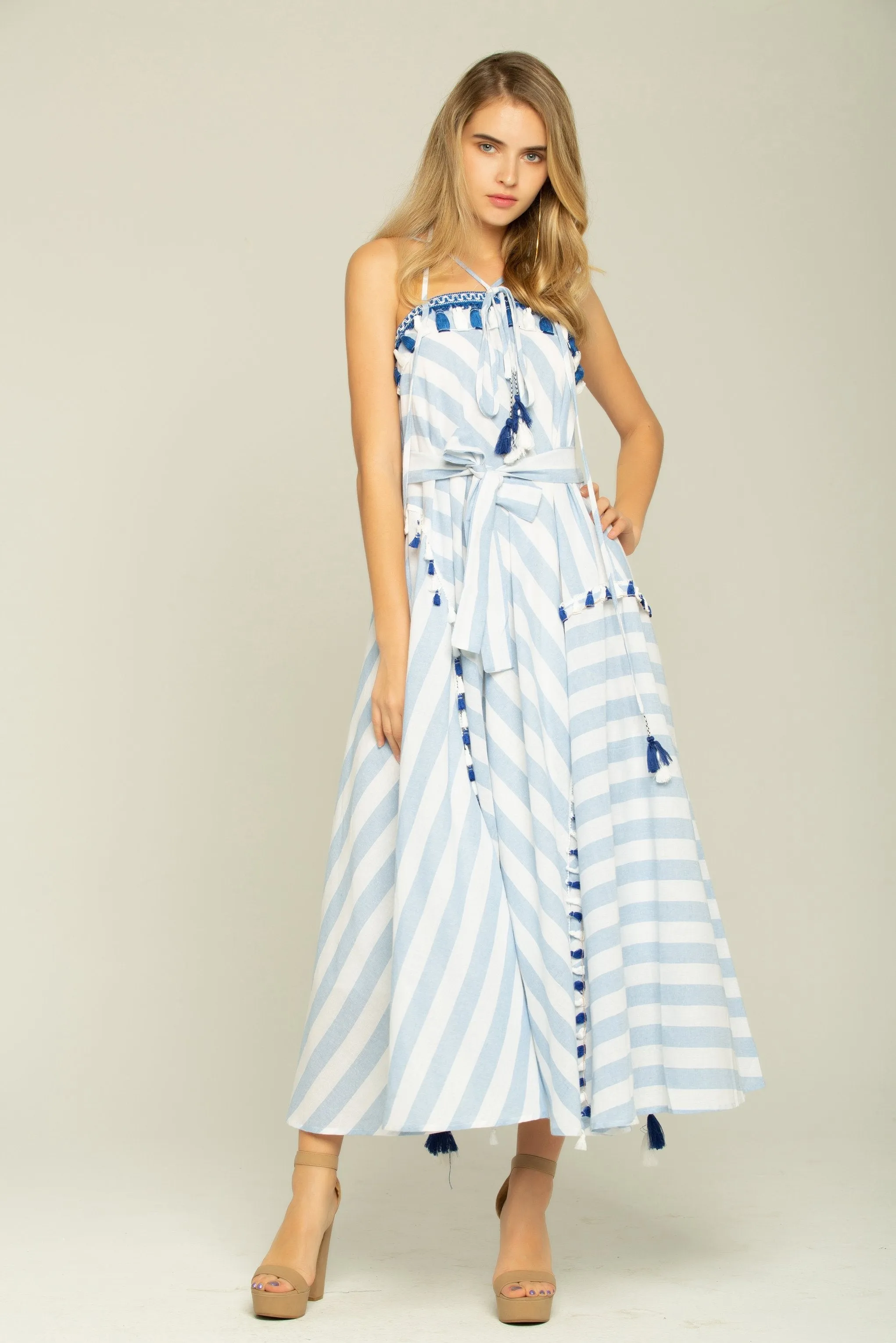 Blue and White Asymmetrical Stripes Maxi Dress