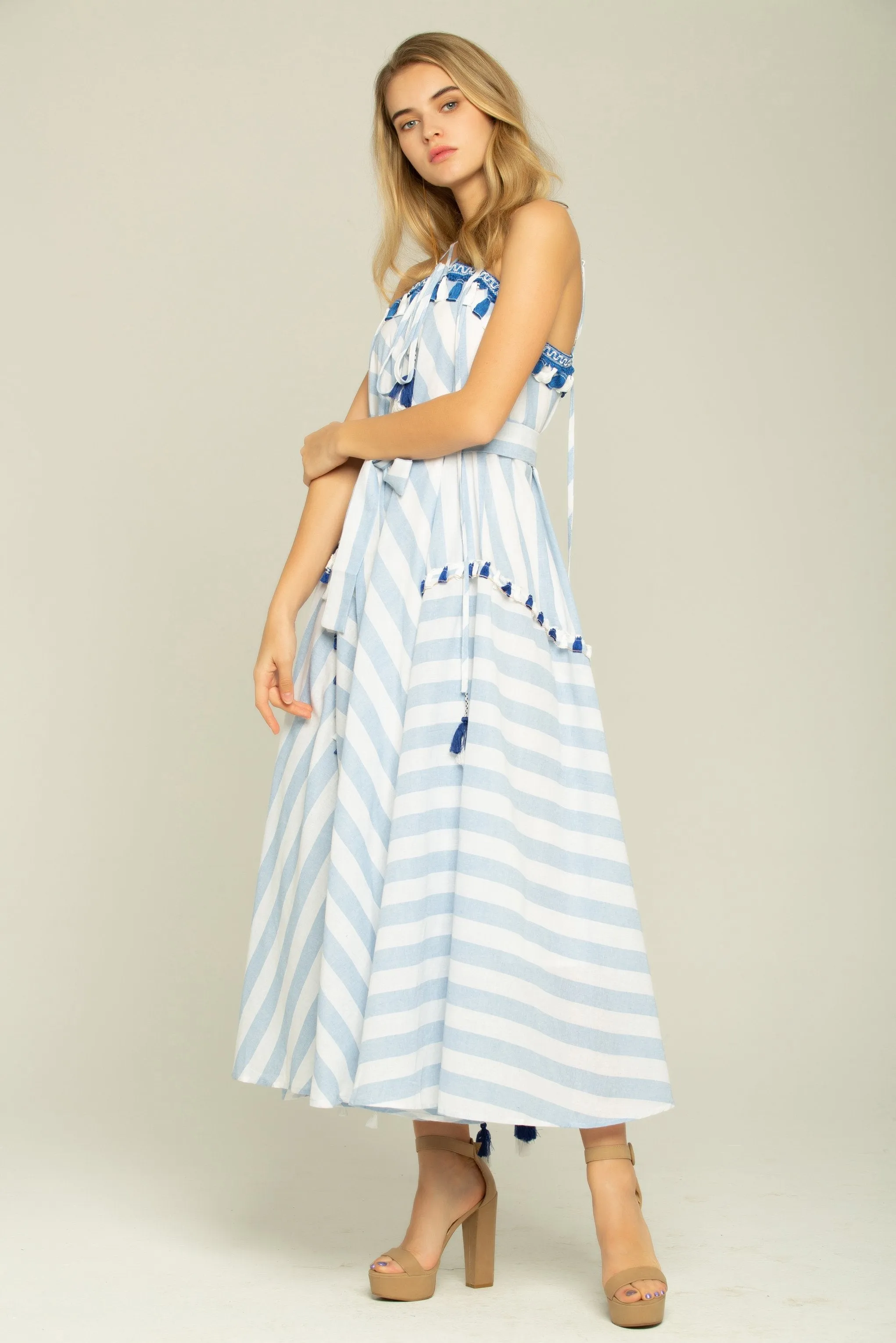 Blue and White Asymmetrical Stripes Maxi Dress