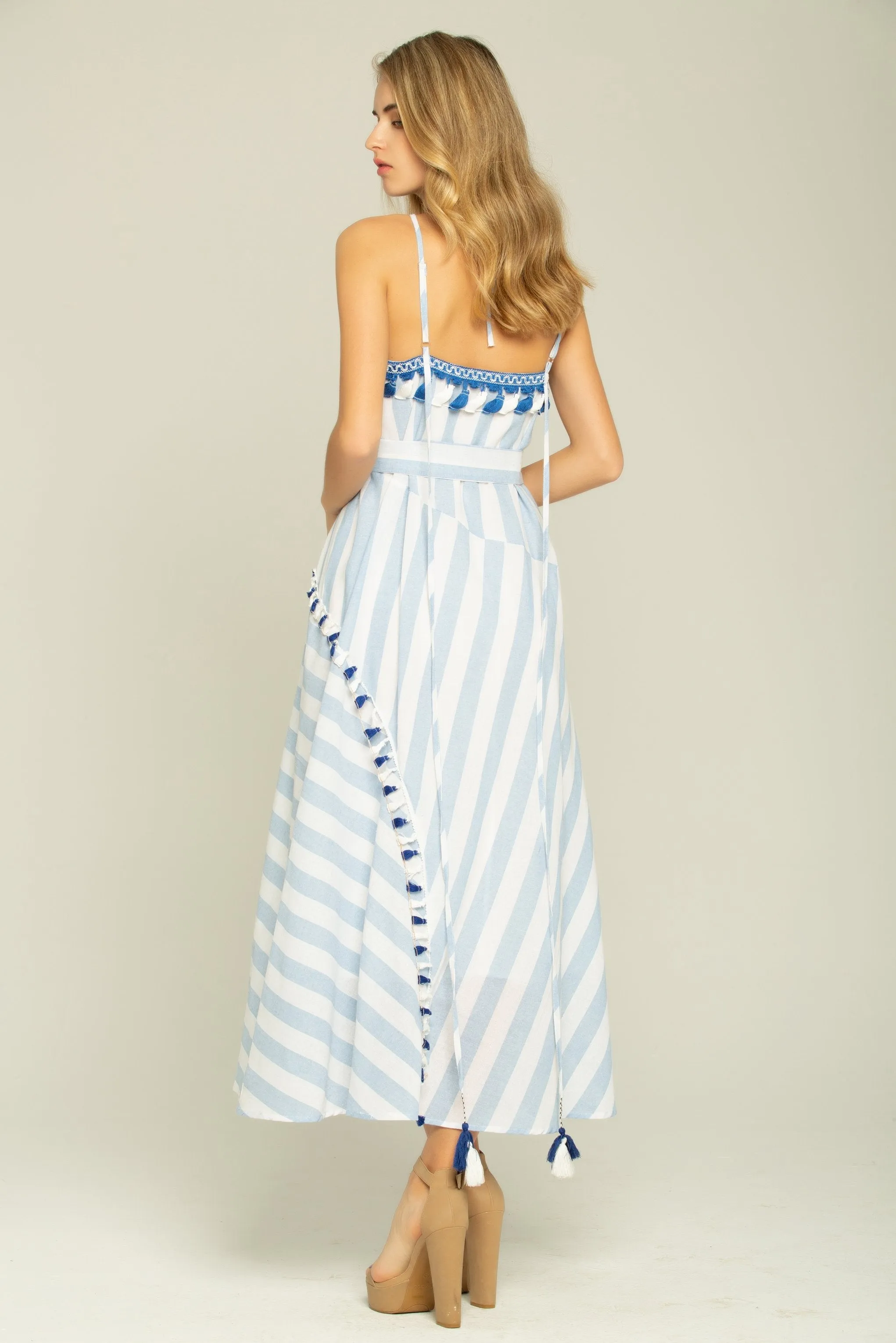 Blue and White Asymmetrical Stripes Maxi Dress