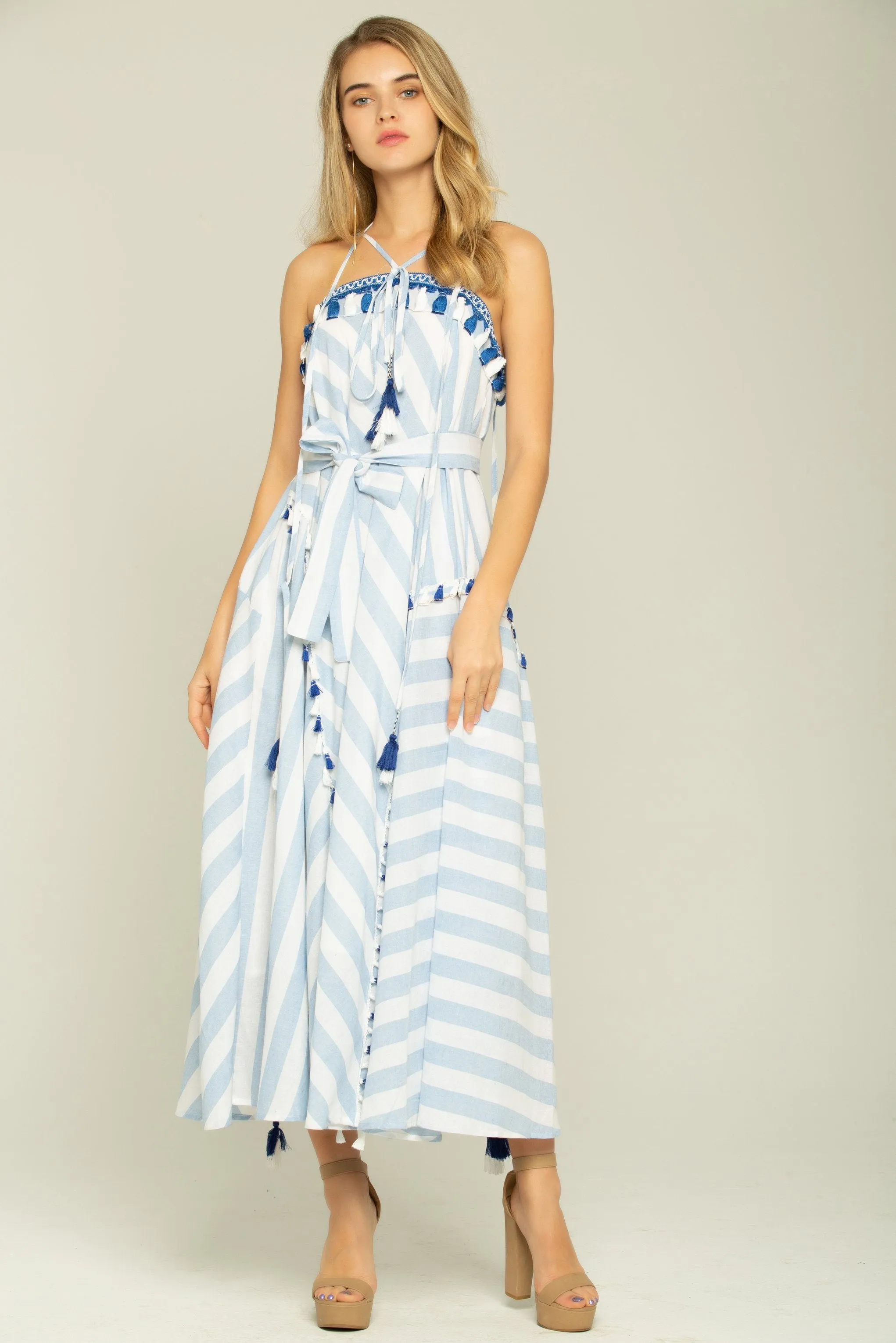 Blue and White Asymmetrical Stripes Maxi Dress