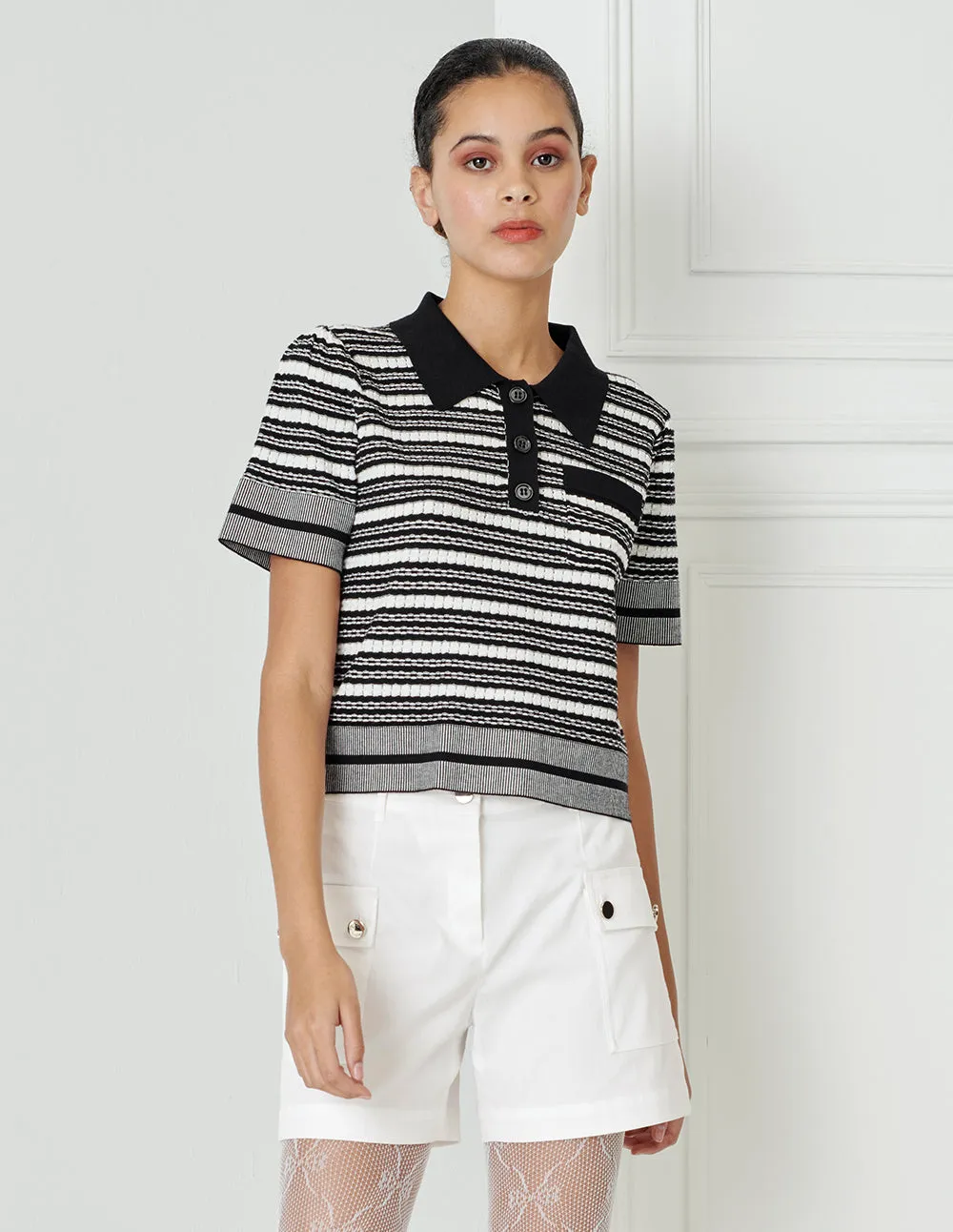 BORA AKSU Polo Collar Half Cardigan Short-Sleeved Pullover