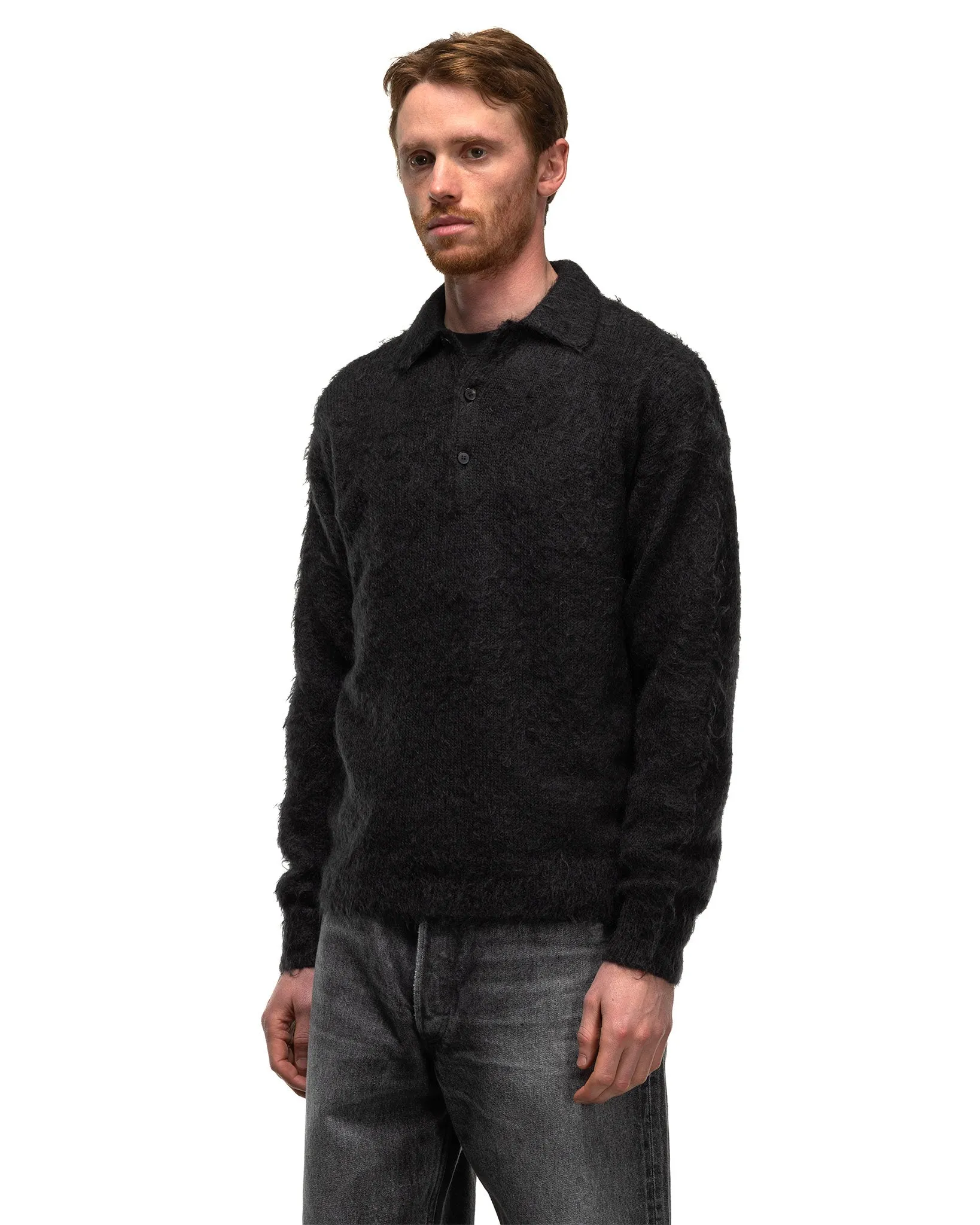 Brushed Super Kid Mohair Knit Polo Ink Black