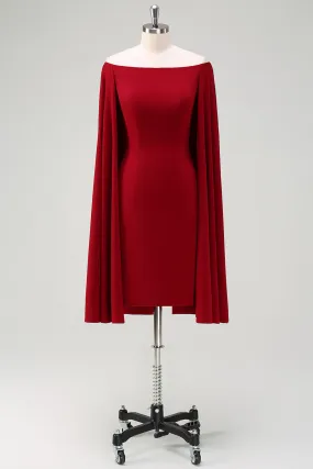 Burgundy Boat Neck Knee Length Wedding Guest Dress with Cape