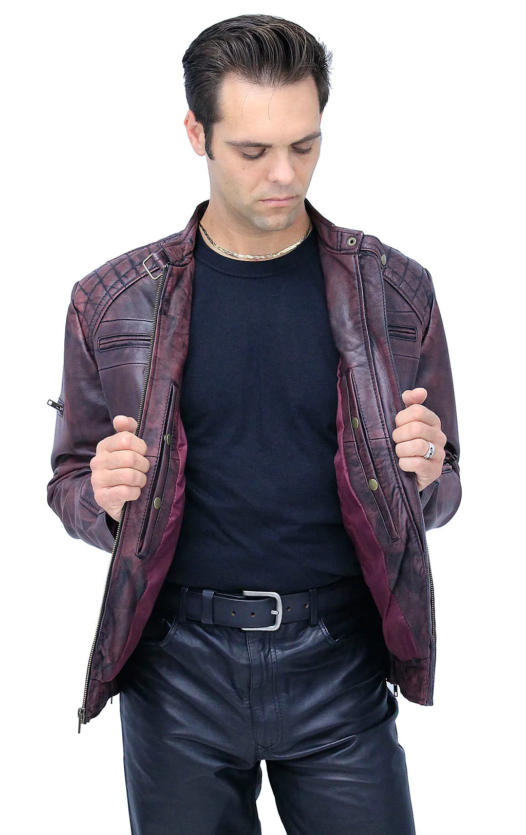 Burgundy Distressed Leather Vented Scooter Jacket CC Pockets #MA2021VQGR