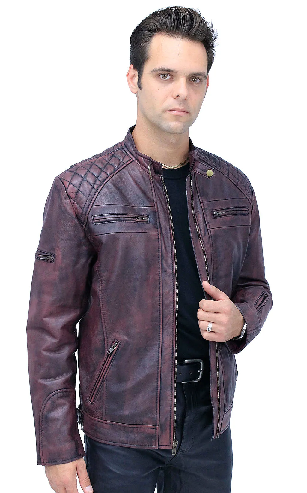 Burgundy Distressed Leather Vented Scooter Jacket CC Pockets #MA2021VQGR