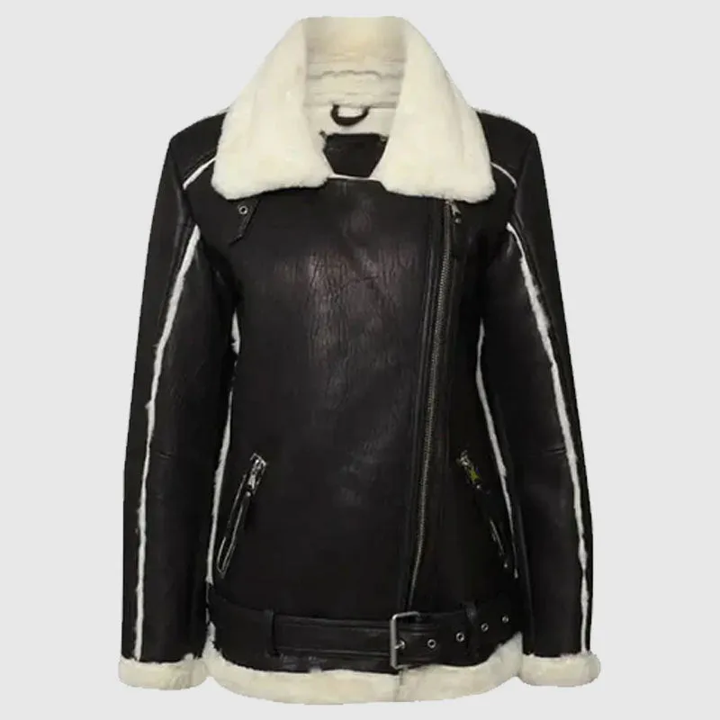 Buy Best Sale Womens Black Oversized Shearling Leather Jacket