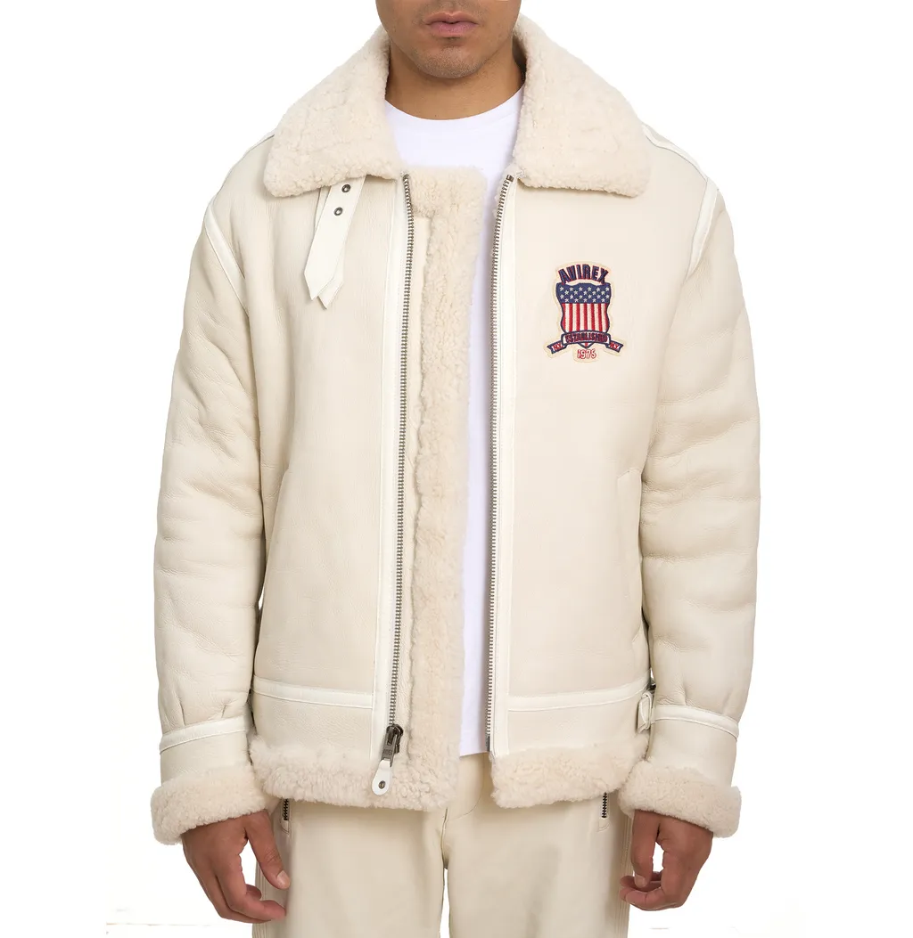 Buy Best Winter Avirex B3 Bomber Shearling Snow White Leather Jackets For Sale Mens