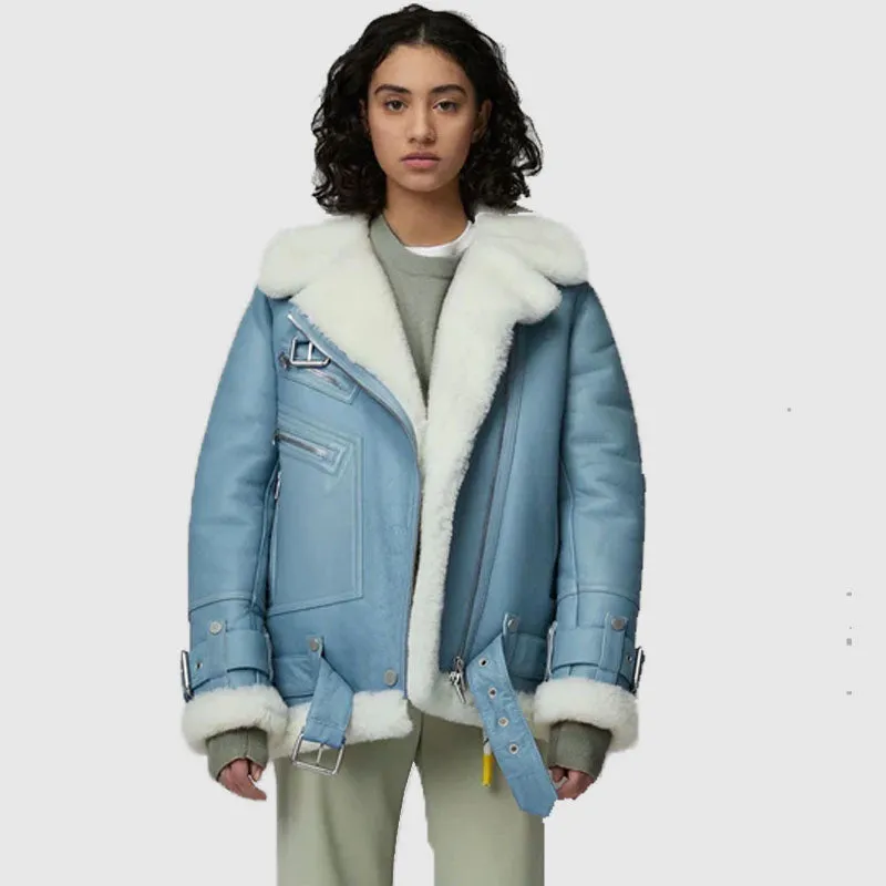 Buy Best Women Style Light Blue B3 RAF Aviator Styled Sheepskin Shearling Leather Jacket