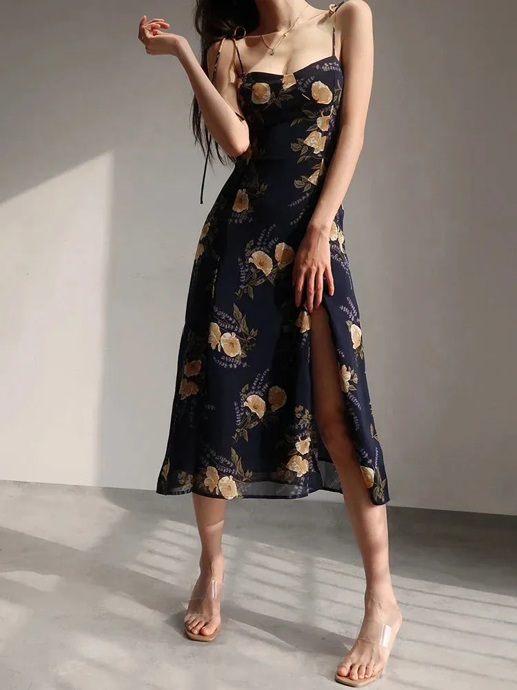 Casual Casual New Sleeveless Slim Suspender Floral Hem Printing Fit Backless Fashion 2024 Sexy Slit Vacation Dress Dress