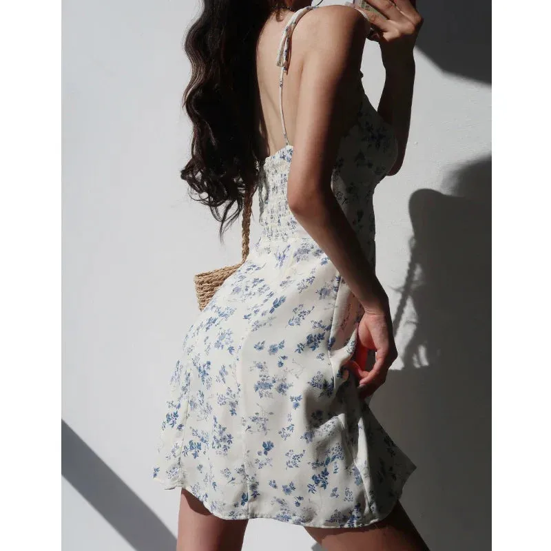 Casual Strap Fashion Holiday Women Sexy Floral Retro Lace-Up Casual Sleeveless Summer Suspender Dress Dress