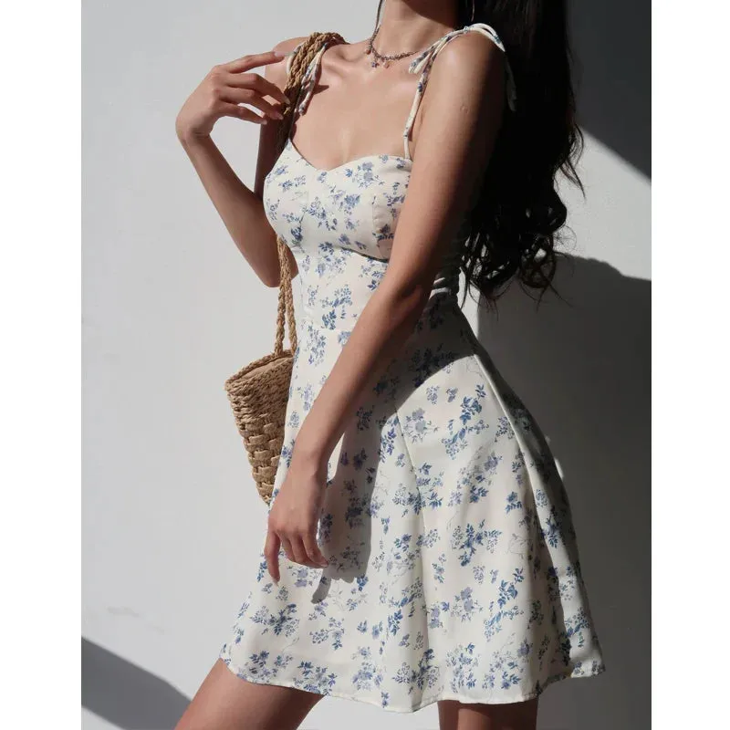 Casual Strap Fashion Holiday Women Sexy Floral Retro Lace-Up Casual Sleeveless Summer Suspender Dress Dress