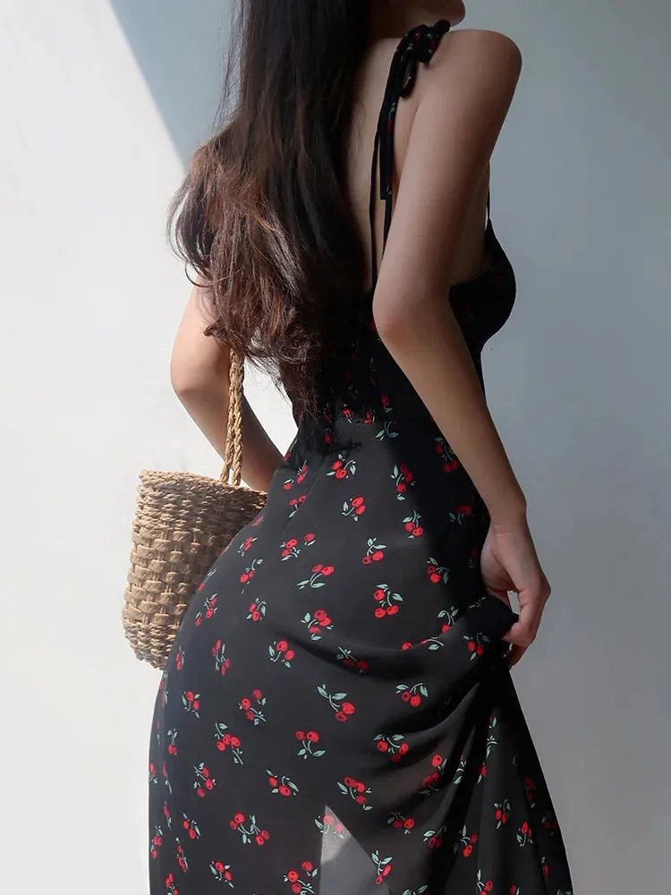 Cherry Split Fit Slim Sling Sexy Sleeveless Print Backless Suspender Dress