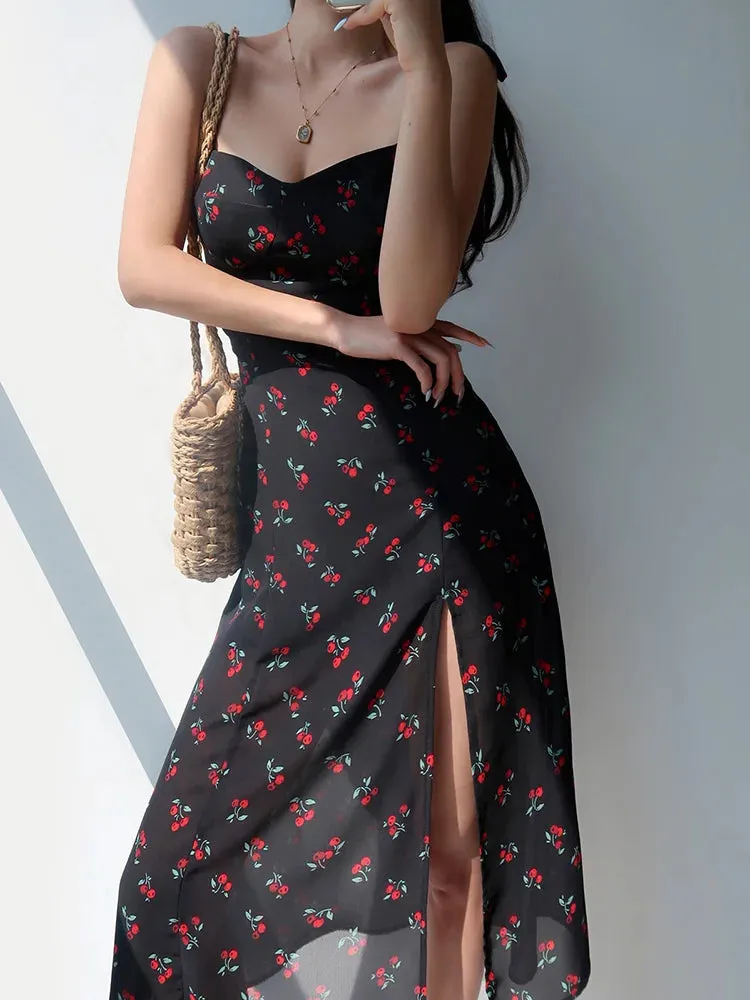 Cherry Split Fit Slim Sling Sexy Sleeveless Print Backless Suspender Dress