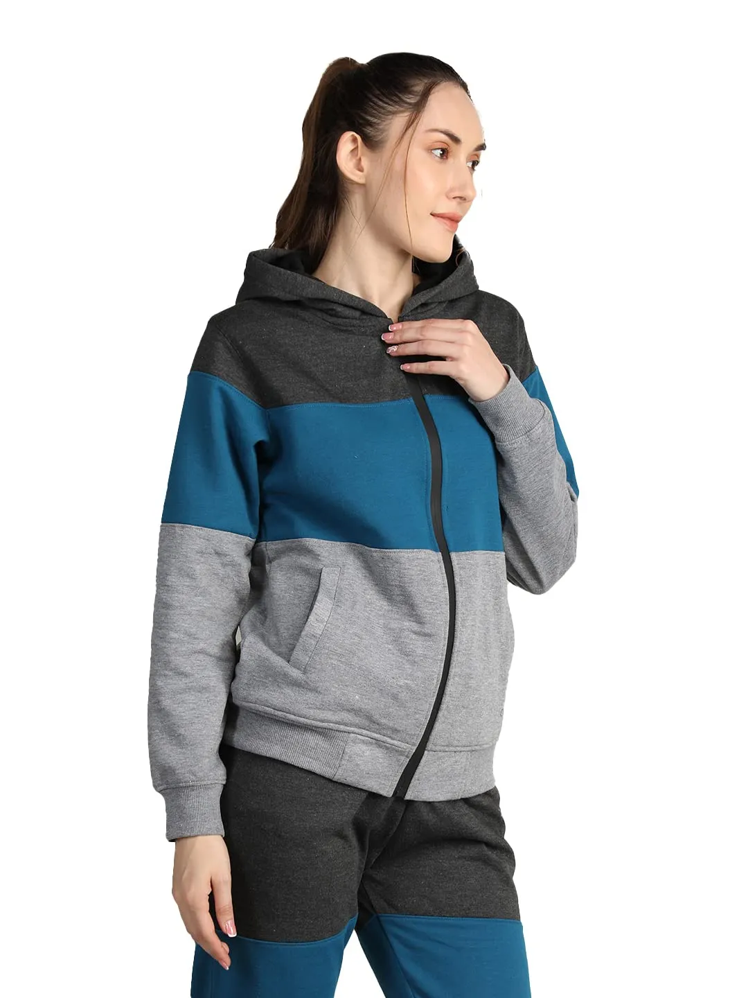 CHKOKKO Women Winter Sports Zipper Hooded Stylish Jacket Anthra SkyBlue LightGrey M