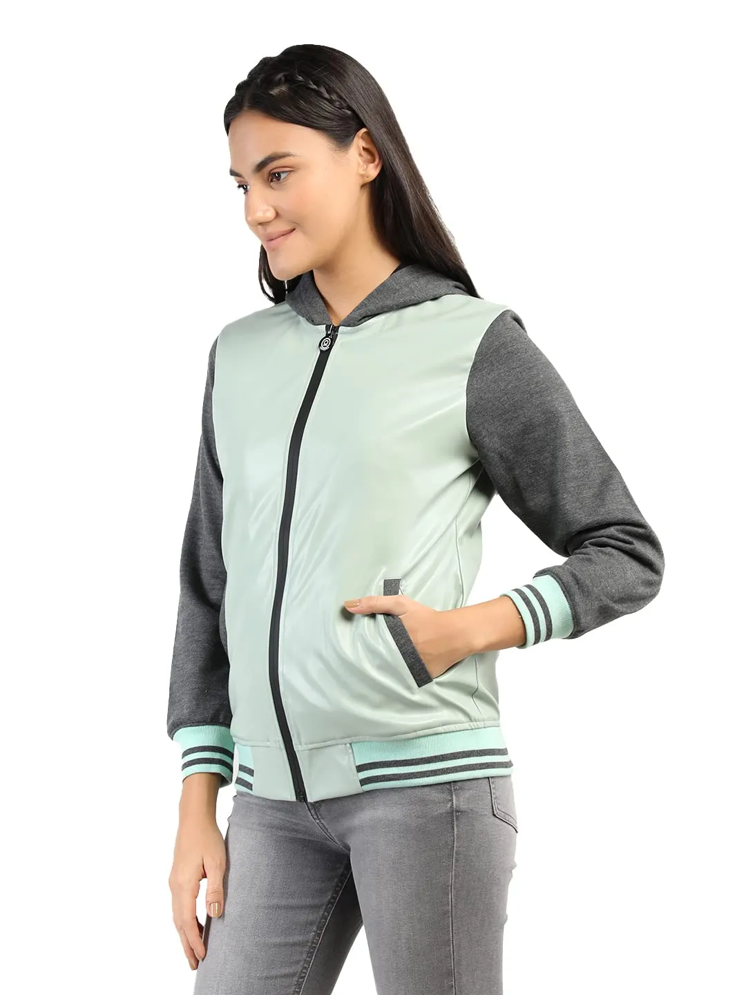 CHKOKKO Women Winter Sports Zipper Hooded Stylish Jacket LightGreenAnthra M