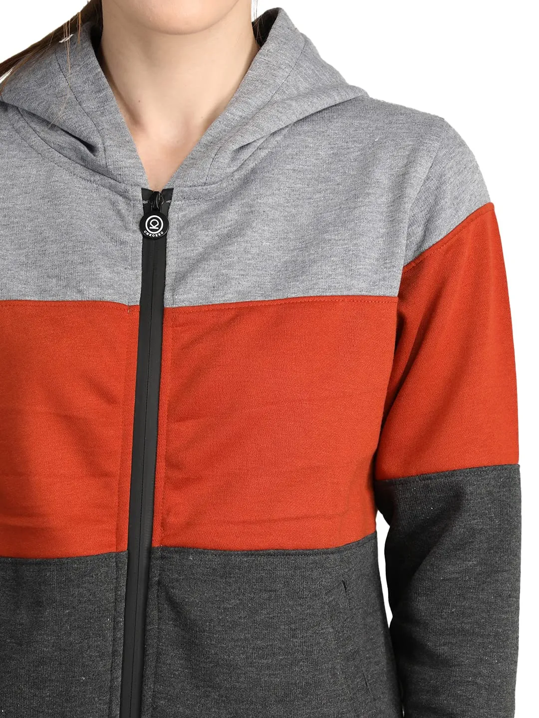 CHKOKKO Women Winter Sports Zipper Hooded Stylish Jacket LightGrey Orange DarkGrey XXL