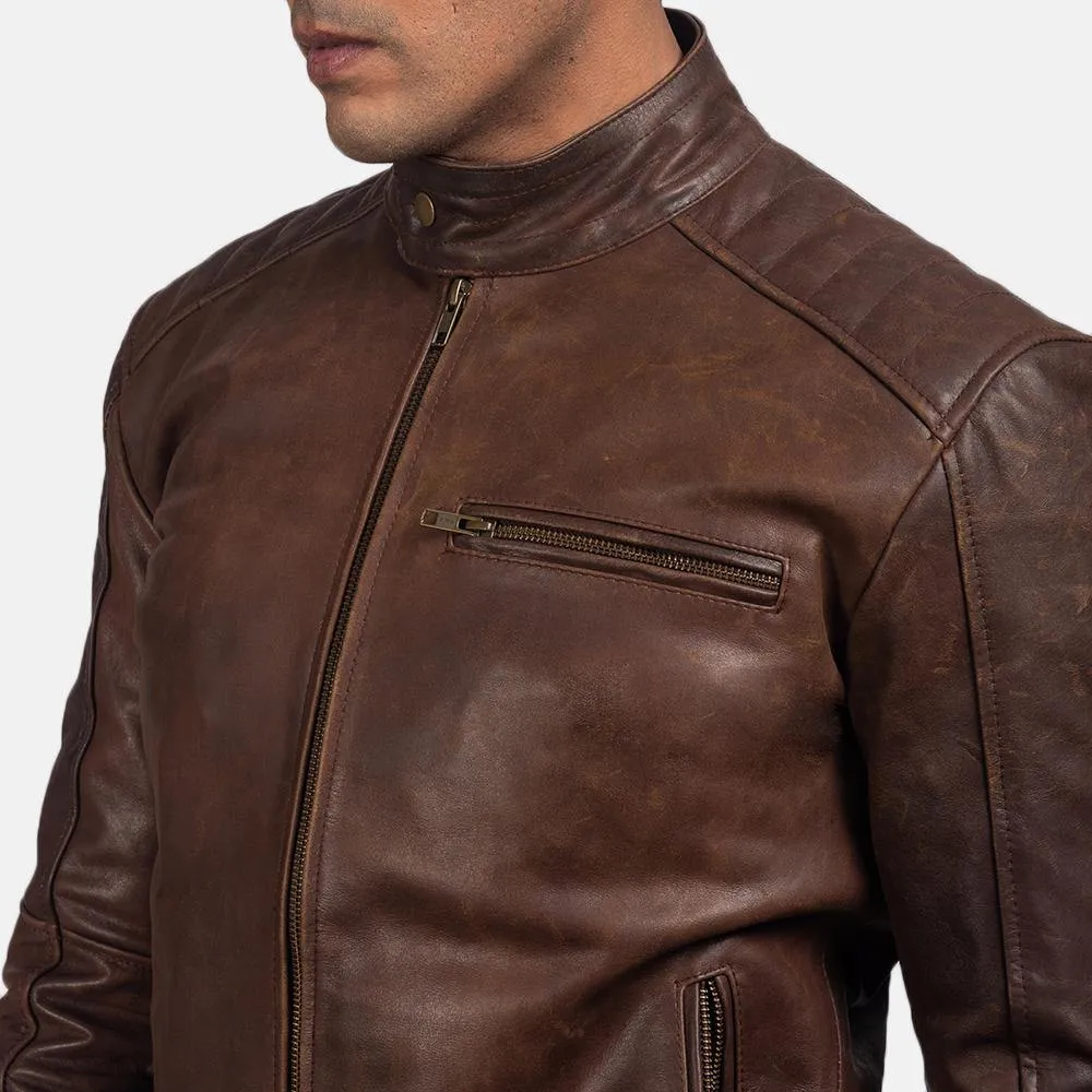 Classic Brown Cowhide Leather Biker Jacket with Quilted Lining