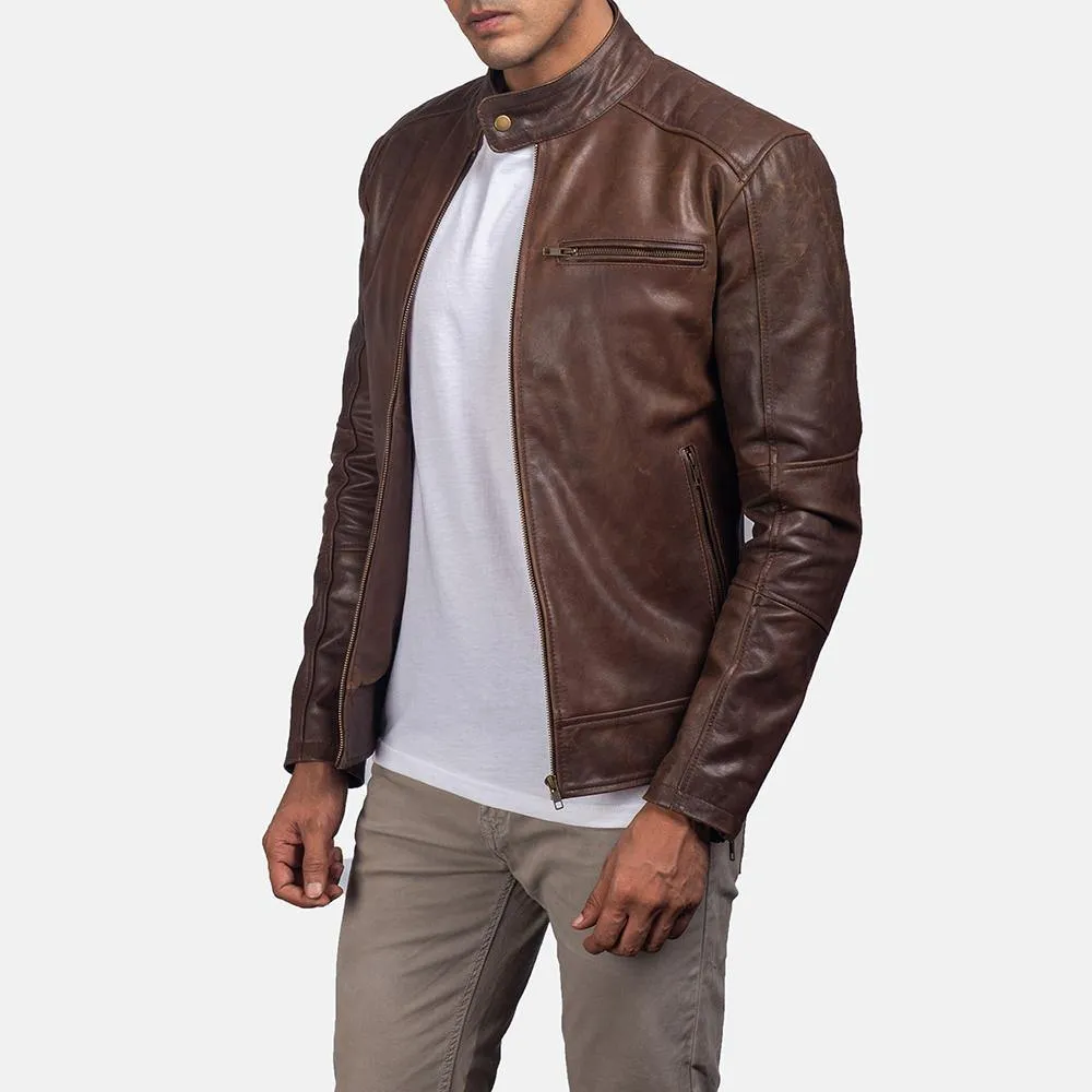 Classic Brown Cowhide Leather Biker Jacket with Quilted Lining