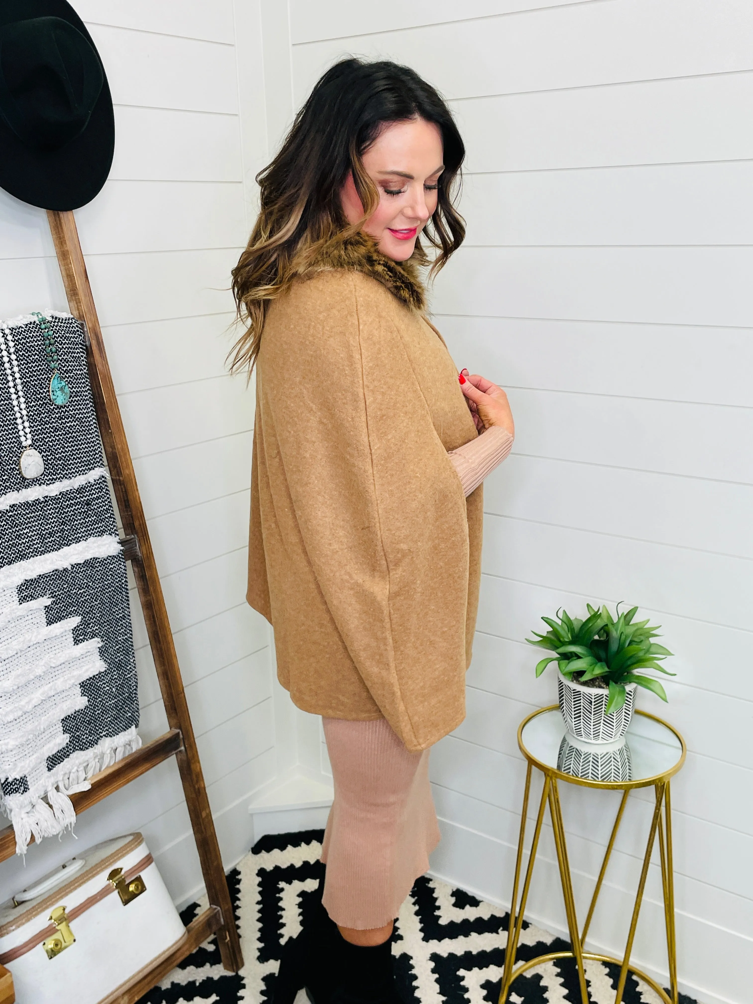 Country Club Chic Caramel Faux Fur Trimmed Cape